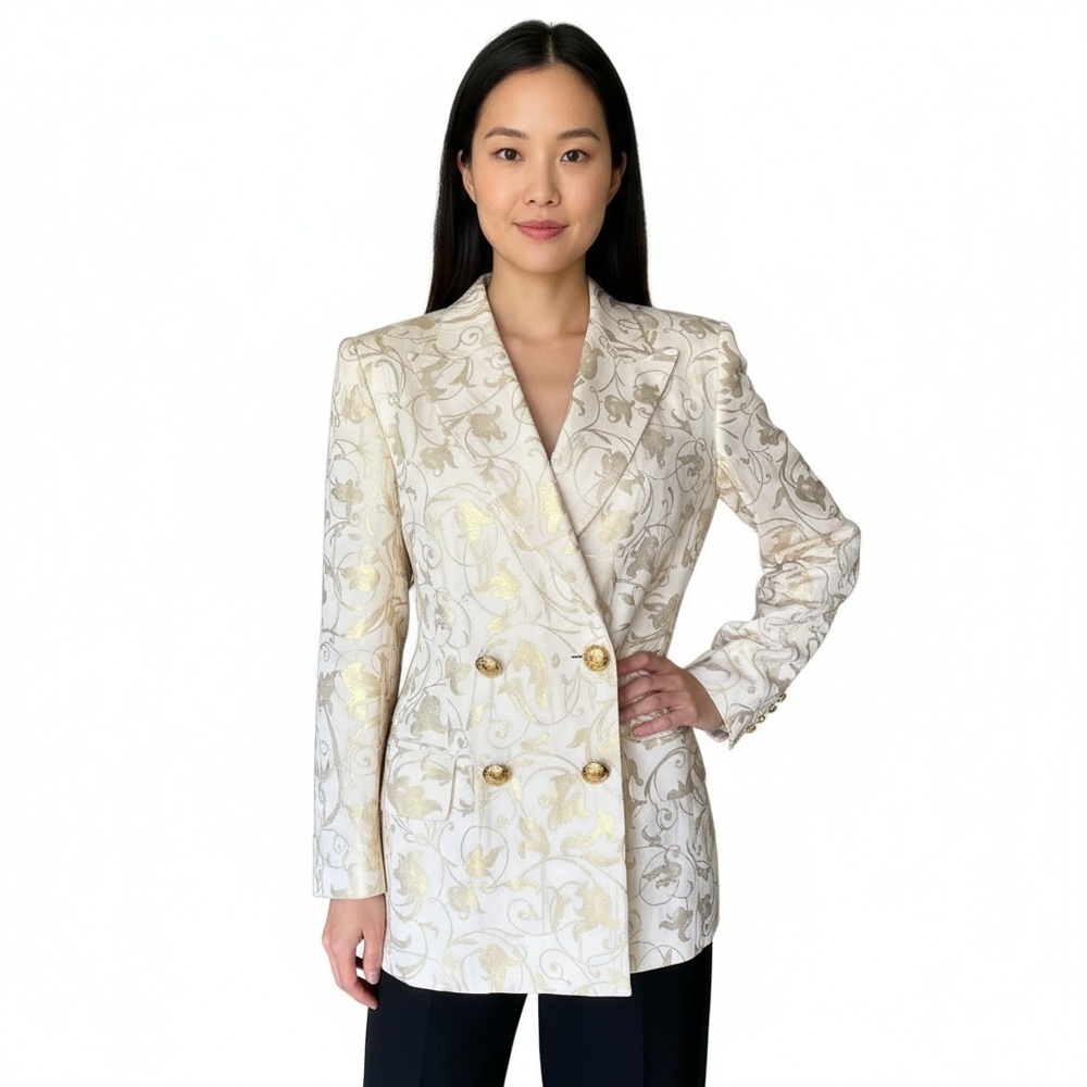 Escada Womens Cream Gold Brocade Blazer Double Breasted Size 40 (oversized)
